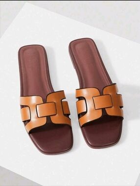 Tan Leather Slide Sandals with Brown Footbed